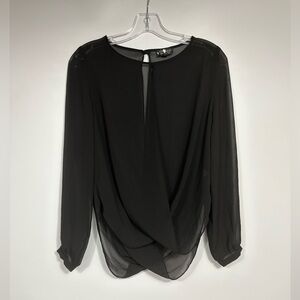 TOPSHOP Sheer Blouse Size 4 Black Deep V Neck CUT OUT Plunge Keyhole Long sleeve